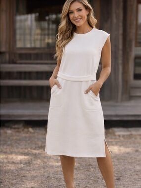 SPANX Cream Sleeveless Midi Dress with Pockets and Side Slit size Large